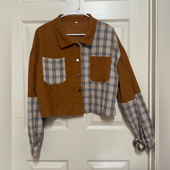 SHEIN Jackets & Blazers - SHEIN Brown & plaid Short Jacket with bubble sleeves-thin quarter Roy/faux suede